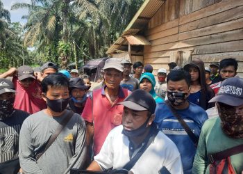 Kelompok Tani Desa Tarikan saat berada di kebun sawit yang dijaga oleh pihak kepolisian. (Dok. Lamanesia.com)