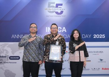 Direktur Kepatuhan dan Manajemen Risiko Jasa Raharja Harwan Muldidarmawan (tengah) bersama jajaran perwakilan perusahaan usai menerima penghargaan dari INACA pada peringatan HUT ke-55 INACA di SOHO Pancoran, Jakarta Selatan, Rabu (15/10/2025). (Dok, Humas JR)