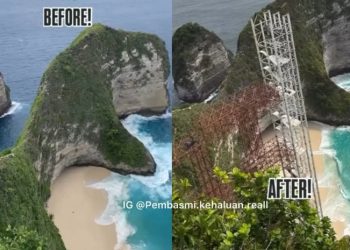 Menyoroti viralnya rangka bangunan lift kaca di kawasan Pantai Kelingking, Bali. (Instagram.com/@pembasmi.kehaluan.reall)