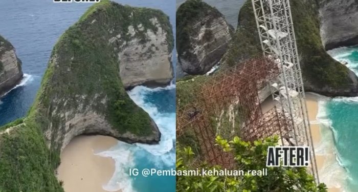 Menyoroti viralnya rangka bangunan lift kaca di kawasan Pantai Kelingking, Bali. (Instagram.com/@pembasmi.kehaluan.reall)