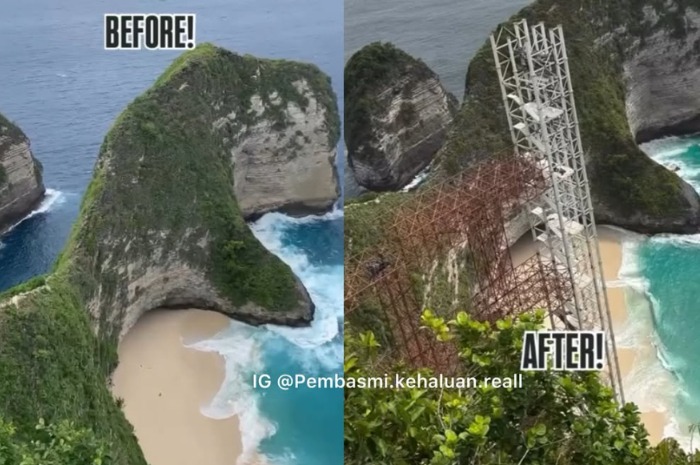 Menyoroti viralnya rangka bangunan lift kaca di kawasan Pantai Kelingking, Bali. (Instagram.com/@pembasmi.kehaluan.reall)