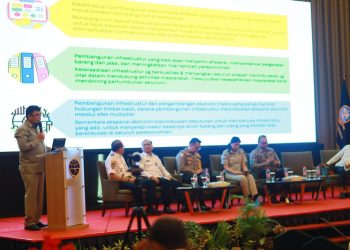 Ketua Komisi III DPRD Provinsi Jambi, Ir. H. Ivan Wirata, memaparkan data kerugian daerah akibat praktik ODOL dan menegaskan pentingnya penegakan Zero ODOL tanpa kompromi pada Rakornis kesiapan Natal 2025 dan Tahun Baru 2026, Rabu (26/11/2025). (Dok: Alpin)