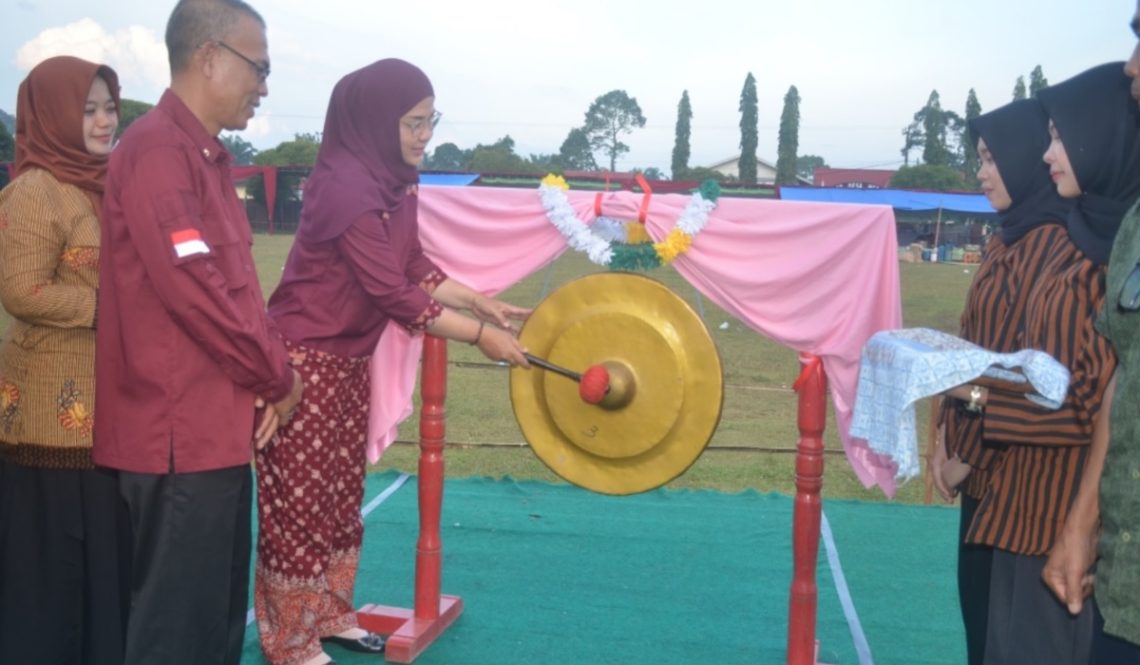 Ketua TP PKK Merangin Hj Lavita Syukur bersama Staf Ahli Bupati Irsadi memukul gong sebagai tanda dibukanya Festival Jaranan Nusantara 2025 di Lapangan Merpati, Desa Meranti, Renah Pamenang. (Dok: Rudi)