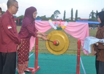 Ketua TP PKK Merangin Hj Lavita Syukur bersama Staf Ahli Bupati Irsadi memukul gong sebagai tanda dibukanya Festival Jaranan Nusantara 2025 di Lapangan Merpati, Desa Meranti, Renah Pamenang. (Dok: Rudi)