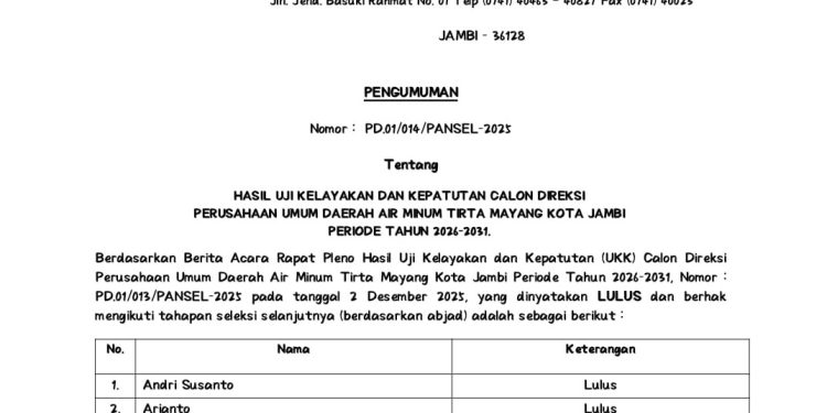 10 nama peserta yang lolos UKK seleksi Direksi Tirta Mayang, jelang tahap final presentasi dan wawancara. (Dok: Rahmat)