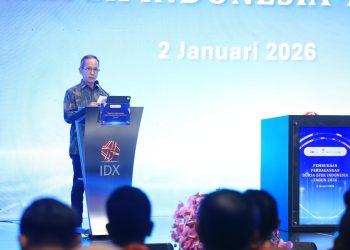 Ketua Dewan Komisioner OJK Mahendra Siregar, dalam sambutannya pada Pembukaan Perdagangan Perdana Bursa Efek Indonesia Tahun 2026 di Gedung Bursa Efek Indonesia. (Dok: OJK)