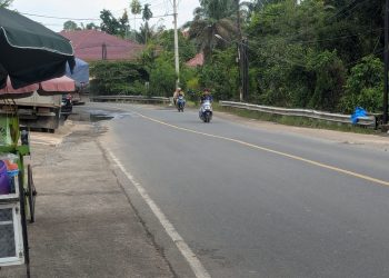 Arus lalu lintas di Jalur Lintas Timur Sumatera, Kecamatan Merlung, Kabupaten Tanjungjabung Barat, kembali lancar setelah banjir surut, dengan pengaturan lalu lintas oleh personel kepolisian di lapangan. (Dok: Alpin)