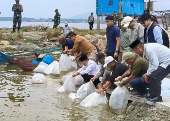 Gubernur Jambi Al Haris menabur benih ikan di Danau Kerinci. Sabtu 7 Maret 2026. (Dok: Rudi)