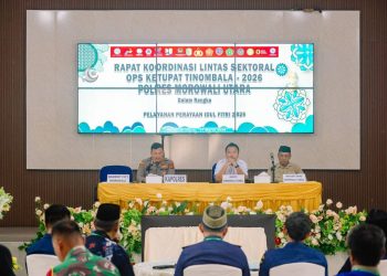 Kapolres Morowali Utara AKBP Reza Khomeini bersama Bupati Morut Delis Julkarson Hehi dan unsur Forkopimda mengikuti rapat koordinasi lintas sektoral persiapan Operasi Ketupat Tinombala 2026 di Polres Morut, Rabu (11/3/2026). (Dok: Istimewa)