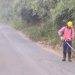 Petugas Dinas Pekerjaan Umum dan Tata Ruang (PUTR) Provinsi Jambi mengoperasikan alat berat saat melakukan perbaikan dan pemeliharaan jalan di jalur mudik di Provinsi Jambi. (Dok: Rahmat)