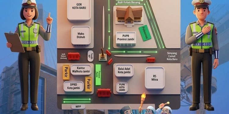 Petugas Satlantas Polresta Jambi menyiapkan skema rekayasa lalu lintas di kawasan Tugu Keris Siginjai guna mengantisipasi kepadatan kendaraan saat malam takbiran Idulfitri 1447 H. (Dok: Alpin)