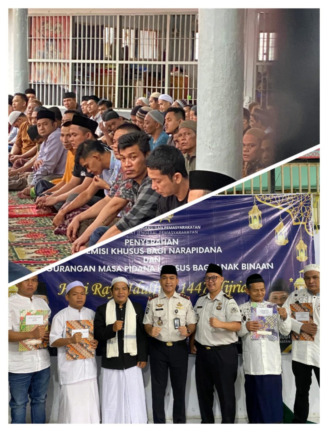 Kepala Lapas Kelas IIB Bangko menyerahkan remisi khusus Idul Fitri 1447 H kepada warga binaan usai pelaksanaan Sholat Id di Masjid At-Taubah, Sabtu (21/3/2026) malam.