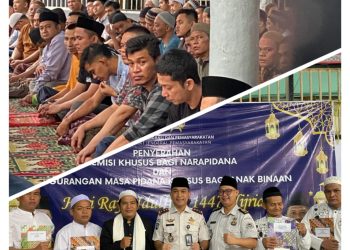Kepala Lapas Kelas IIB Bangko menyerahkan remisi khusus Idul Fitri 1447 H kepada warga binaan usai pelaksanaan Sholat Id di Masjid At-Taubah, Sabtu (21/3/2026) malam.