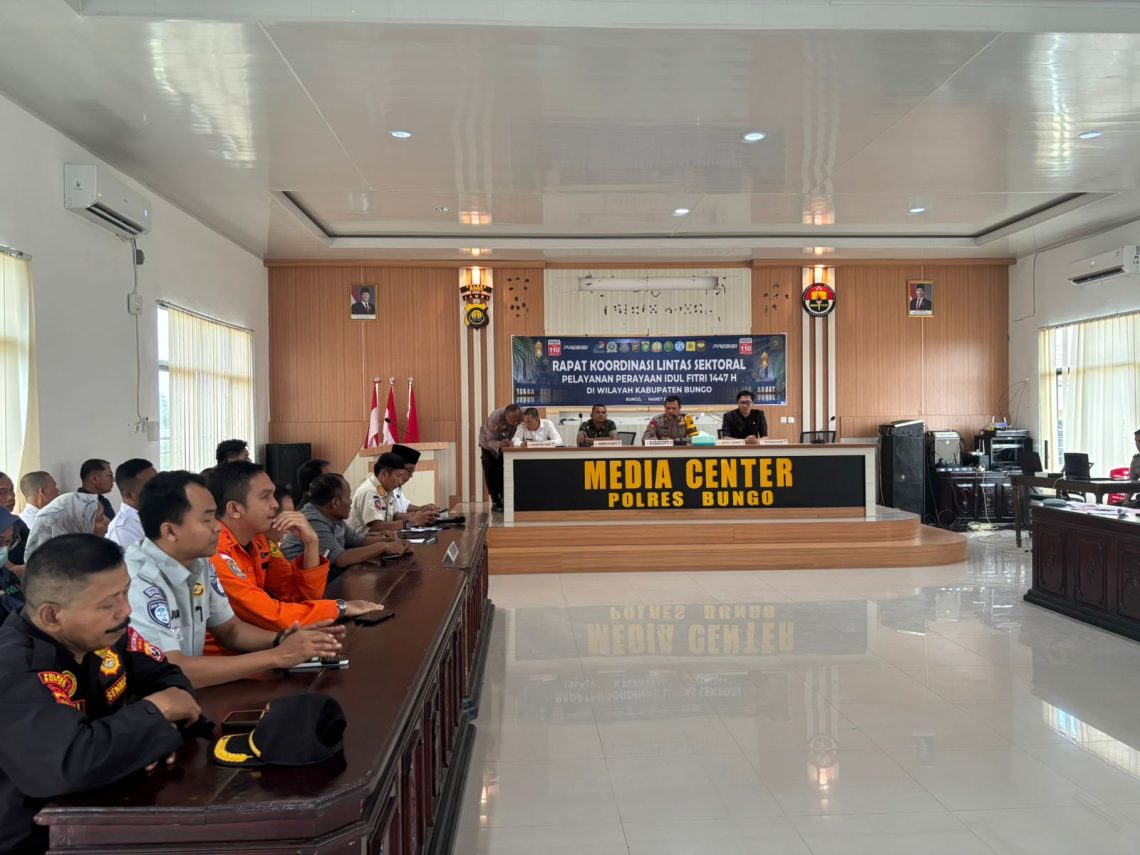 Suasana Rapat Koordinasi Lintas Sektoral persiapan Operasi Pengamanan Idul Fitri 1447 H di Aula Polres Bungo, Rabu (4/3/2026) (Dok. Humas JR Jambi)