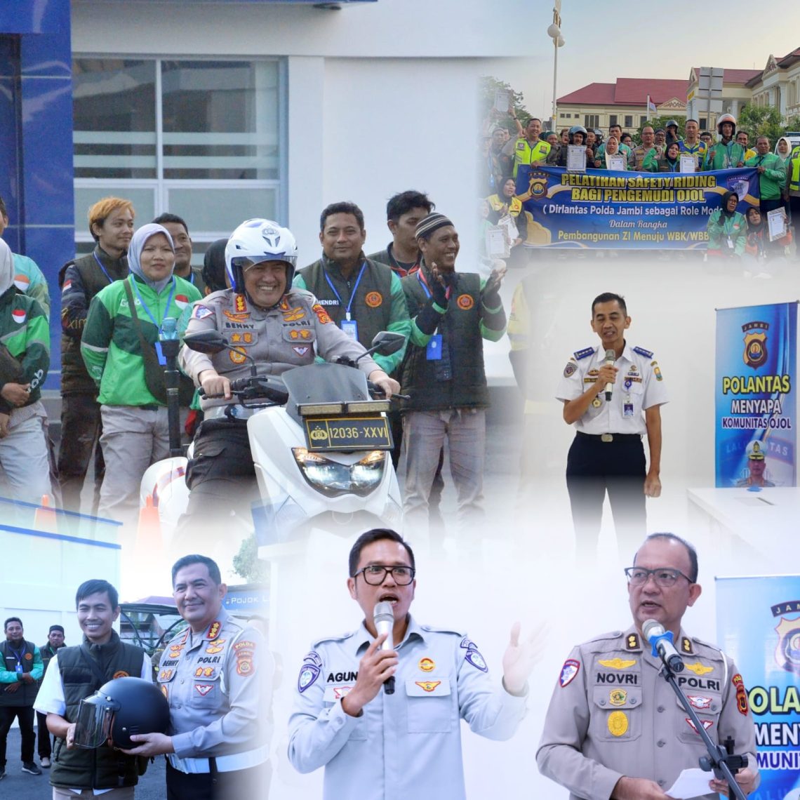 Dirlantas Kepolisian Daerah Jambi Kombes Pol Adi Benny Cahyono bersama perwakilan PT Jasa Raharja memperagakan teknik berkendara aman saat pelatihan Safety Riding bagi ratusan pengemudi ojek online di Mapolda Jambi, Selasa (10/3/2026). (Dok: Alpin)