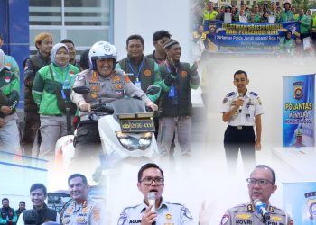 Dirlantas Kepolisian Daerah Jambi Kombes Pol Adi Benny Cahyono bersama perwakilan PT Jasa Raharja memperagakan teknik berkendara aman saat pelatihan Safety Riding bagi ratusan pengemudi ojek online di Mapolda Jambi, Selasa (10/3/2026). (Dok: Alpin)