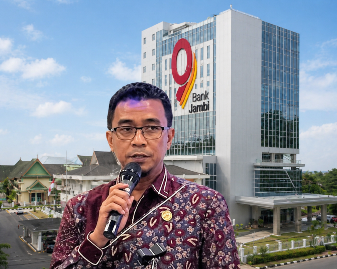 Kolase foto Kepala OJK Provinsi Jambi Yan Iswara dan gedung mahligai Bank Jambi. (Dok: Rahmat)