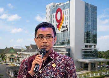 Kolase foto Kepala OJK Provinsi Jambi Yan Iswara dan gedung mahligai Bank Jambi. (Dok: Rahmat)
