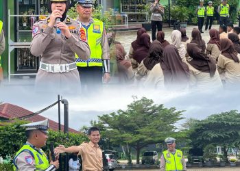Personel Ditlantas Polda Jambi memberikan edukasi dan praktik 12 gerakan pengaturan lalu lintas kepada siswa MAN 2 Kota Jambi dalam program “Road Safety for Humanity”, Kamis (9/9/2026). (Dok: Alpin)