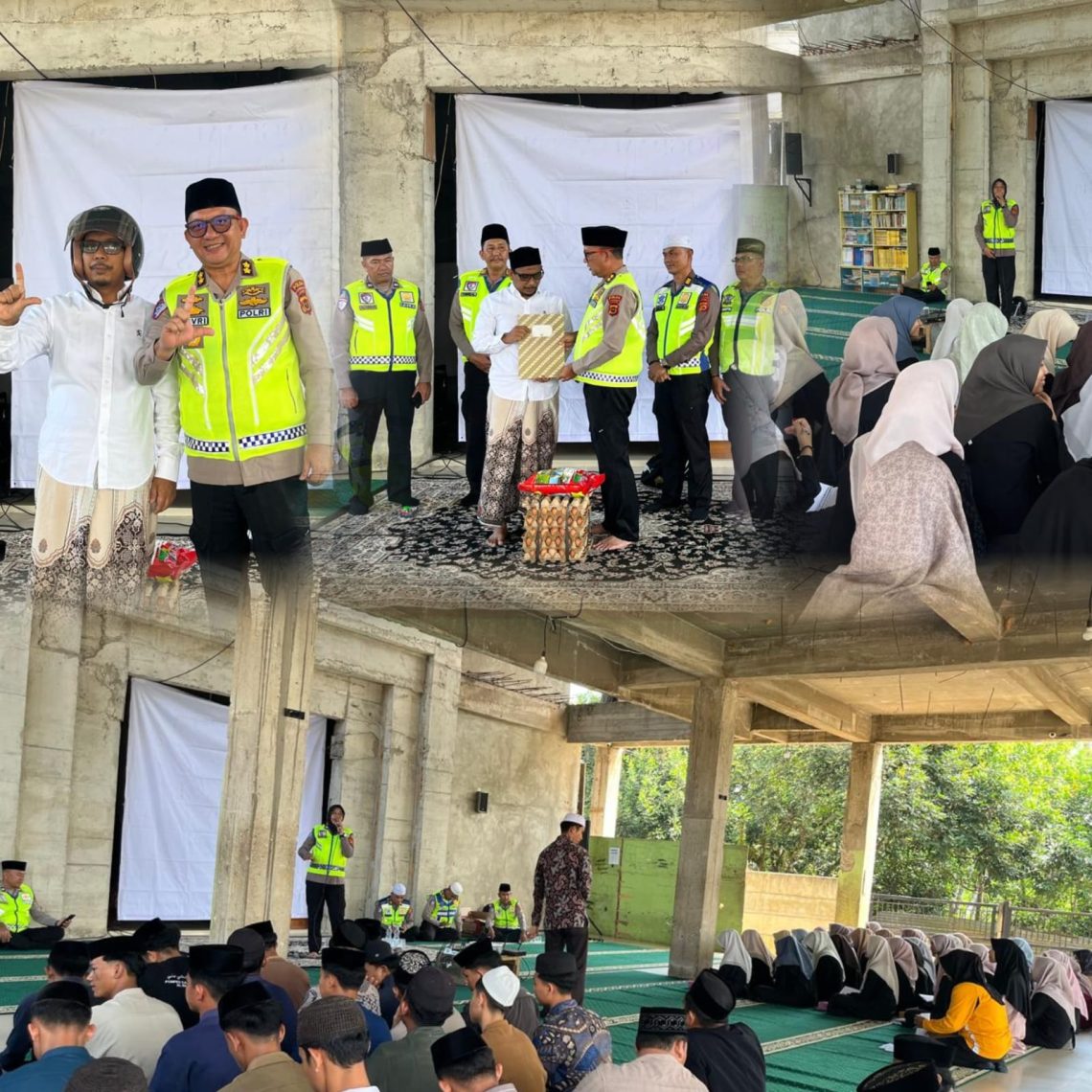 Personel Ditlantas Polda Jambi memberikan edukasi tertib berlalu lintas kepada para santri Pondok Pesantren Da’arul Huffaazh Al Islami dalam program Police Go To Pesantren di Jambi, Jumat (10/4/2026). (Dok: Alpin)