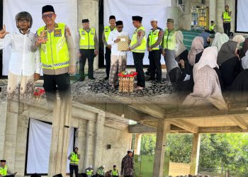 Personel Ditlantas Polda Jambi memberikan edukasi tertib berlalu lintas kepada para santri Pondok Pesantren Da’arul Huffaazh Al Islami dalam program Police Go To Pesantren di Jambi, Jumat (10/4/2026). (Dok: Alpin)