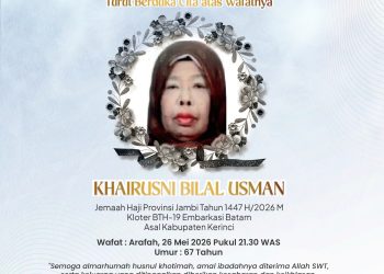 Suasana duka menyelimuti jemaah haji asal Jambi setelah Khairusni Bilal Usman, jemaah asal Kabupaten Kerinci yang tergabung dalam Kloter BTH-19 Embarkasi Batam, wafat di Arafah, Arab Saudi. (Dok: Kemenhaj Jambi)