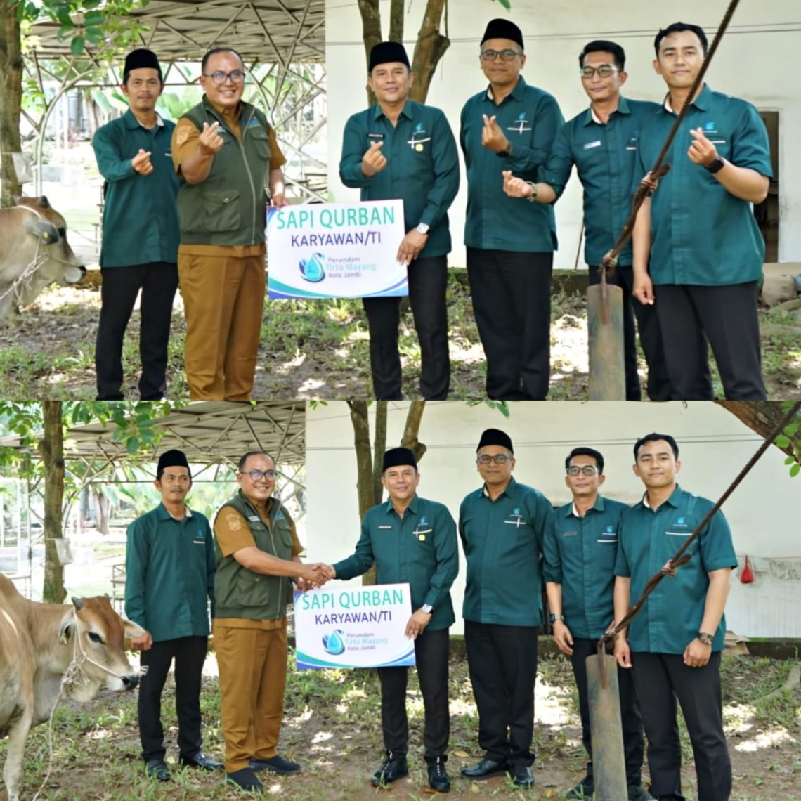 Direktur Utama Perumda Tirta Mayang, Arianto bersama jajaran pegawai saat penyaluran hewan kurban Idul Adha 1447 Hijriah kepada masyarakat di Kota Jambi. (Dok: Rahmat)