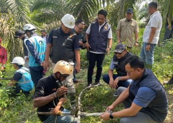 Tim gabungan Polda Jambi, Bareskrim Polri, Puslabfor dan PT PLN melakukan investigasi di lokasi Tower SUTET 275 kV Desa Tempino, Kecamatan Mestong, Muaro Jambi, Minggu (24/5/2026). (Dok: Alpin)