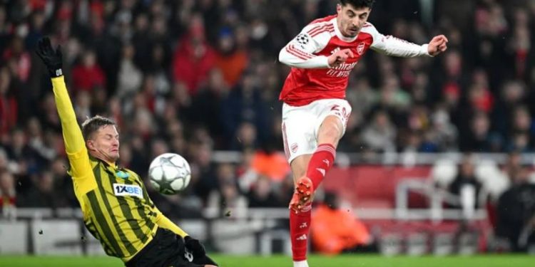 Kai Havertz (kanan) sesaat sebelum mencetak gol kedua Arsenal dalam pertandingan Liga Champions 2025/26 lawan Kairat Almaty di Emirates Stadium pada Kamis (29/1/2026). (Dok: UEFA.com)