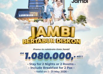 Banner Luminor Hotel Jambi menghadirkan promo spesial “Jambi Bertabur Diskon” dalam rangka memeriahkan HUT Kota Jambi ke-80 dengan penawaran menginap hemat dan fasilitas menarik sepanjang Mei 2026. (Dok: Alpin)