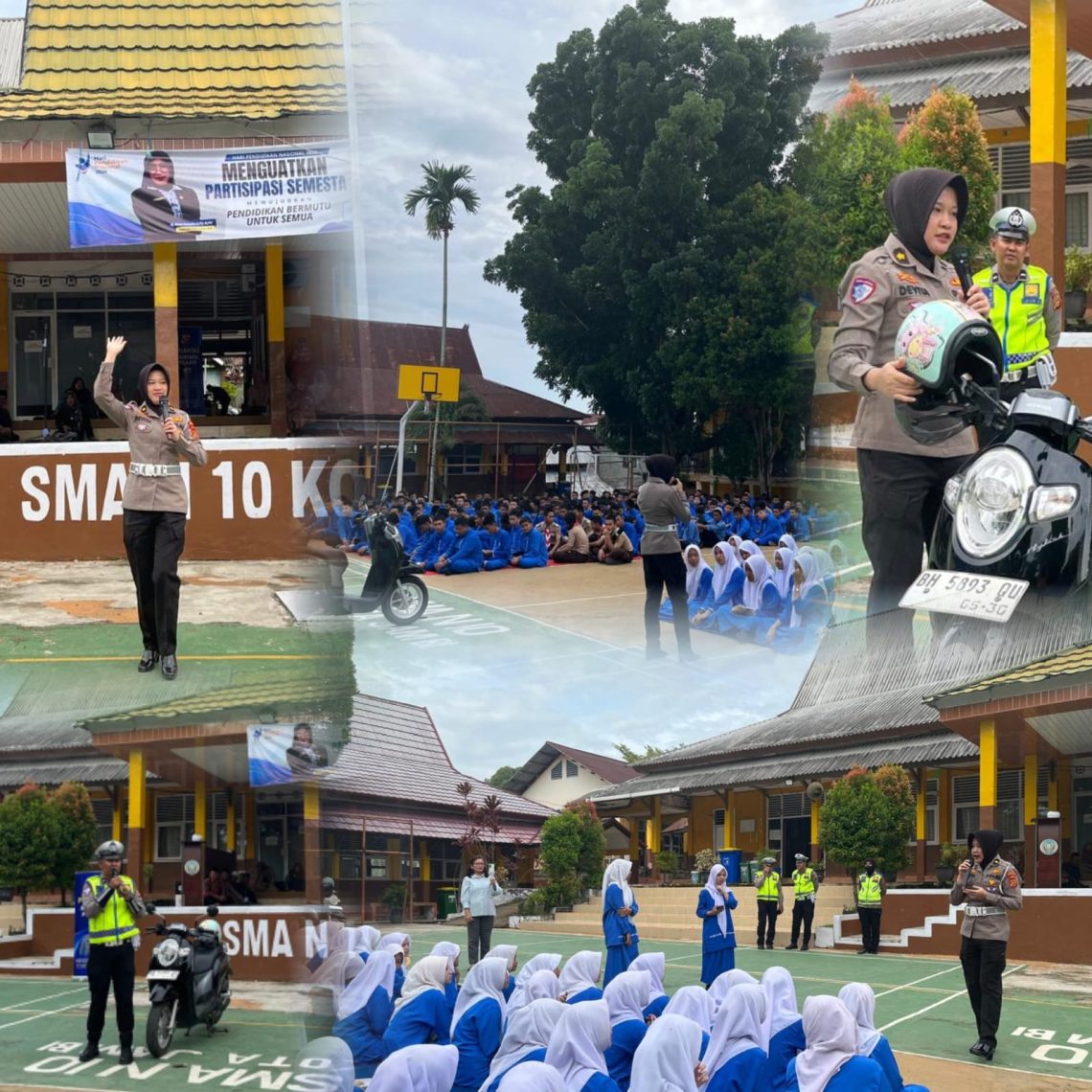 Tim Subdit Kamsel Ditlantas Polda Jambi memberikan edukasi keselamatan berlalu lintas dan praktik safety riding kepada siswa SMAN 10 Kota Jambi dalam program “Police Go To School”, Jumat (8/5/2026). (Dok: Alpin)