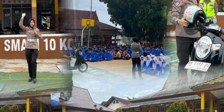 Tim Subdit Kamsel Ditlantas Polda Jambi memberikan edukasi keselamatan berlalu lintas dan praktik safety riding kepada siswa SMAN 10 Kota Jambi dalam program “Police Go To School”, Jumat (8/5/2026). (Dok: Alpin)