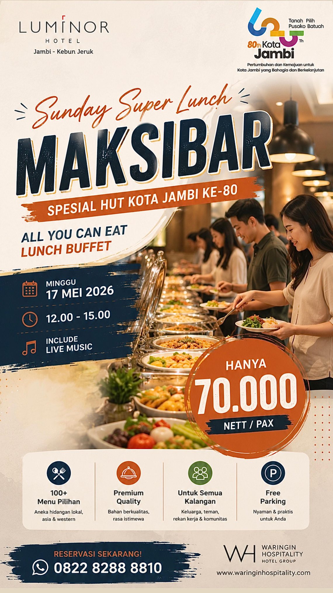 Suasana promo “Sunday Super Lunch MAKSIBAR” di Luminor Hotel Jambi Kebun Jeruk yang menghadirkan lebih dari 100 menu spesial dalam rangka HUT Kota Jambi ke-80. (Dok: Alpin)