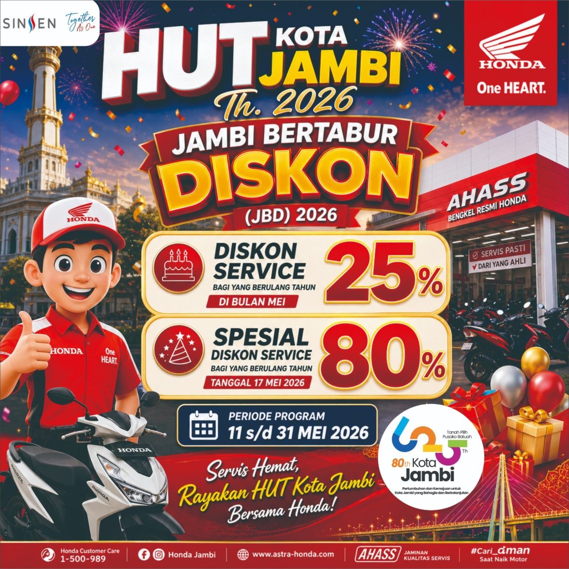 Semarak HUT ke-80 Kota Jambi, Honda melalui PT Sinar Sentosa Primatama menghadirkan program “Jambi Bertabur Diskon 2026” dengan promo servis di AHASS Kota Jambi hingga 80 persen bagi konsumen yang berulang tahun. (Dok: Honda Sinsen Jambi)