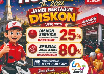 Semarak HUT ke-80 Kota Jambi, Honda melalui PT Sinar Sentosa Primatama menghadirkan program “Jambi Bertabur Diskon 2026” dengan promo servis di AHASS Kota Jambi hingga 80 persen bagi konsumen yang berulang tahun. (Dok: Honda Sinsen Jambi)