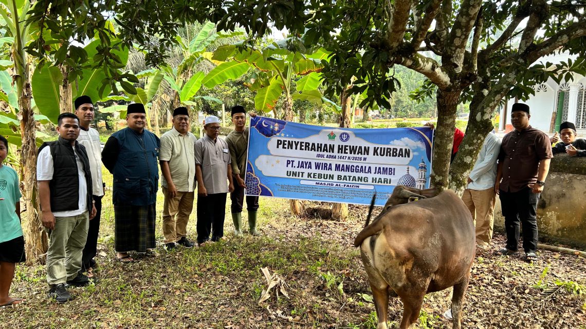 PT Jaya Wira Manggala Cabang Jambi menyerahkan satu ekor sapi qurban kepada Pengurus Masjid Al Faizin, Kecamatan Jaluko, Kabupaten Muaro Jambi. (Dok: Alpin)