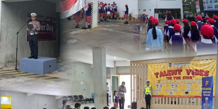 Personel Ditlantas Polda Jambi memberikan edukasi tertib berlalu lintas kepada siswa Suria Harapan School melalui program Polisi Sahabat Anak (Polsanak) di Kota Jambi, Senin (11/05/2026). (Dok: Alpin)