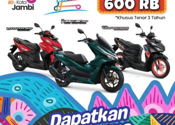 Flyer Sinsen menghadirkan program “Jambi Bertabur Diskon 2026” dengan potongan harga hingga Rp600 ribu untuk tipe motor tertentu Dalam rangka HUT Kota Jambi ke-80. (Dok: Honda Sinsen Jambi)