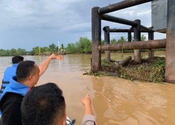 Kondisi fender atau tiang pelindung Jembatan Muara Sabak mengalami kerusakan usai ditabrak tongkang batu bara BG United Jaya yang ditarik TugBoat TB MBP 2002, Sabtu (23/5/2026). (Dok: Redaksi)