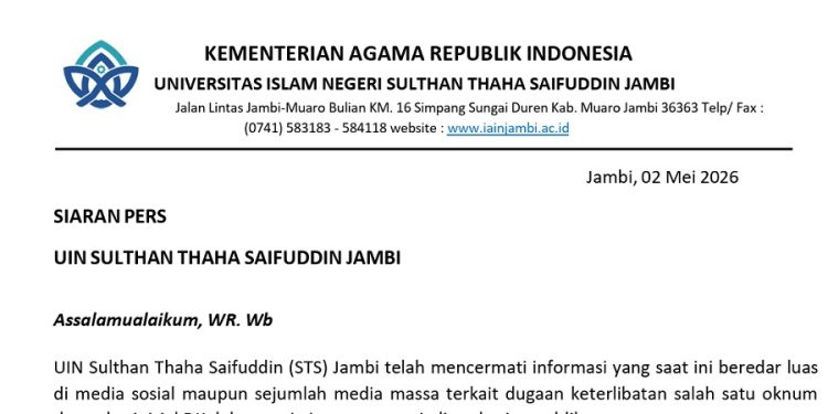 Siaran pers yang dikeluarkan UIN STS Jambi pasca oknum Dosen digerebek istri bersama mahasiswi. (Dok: UIN STS Jambi)