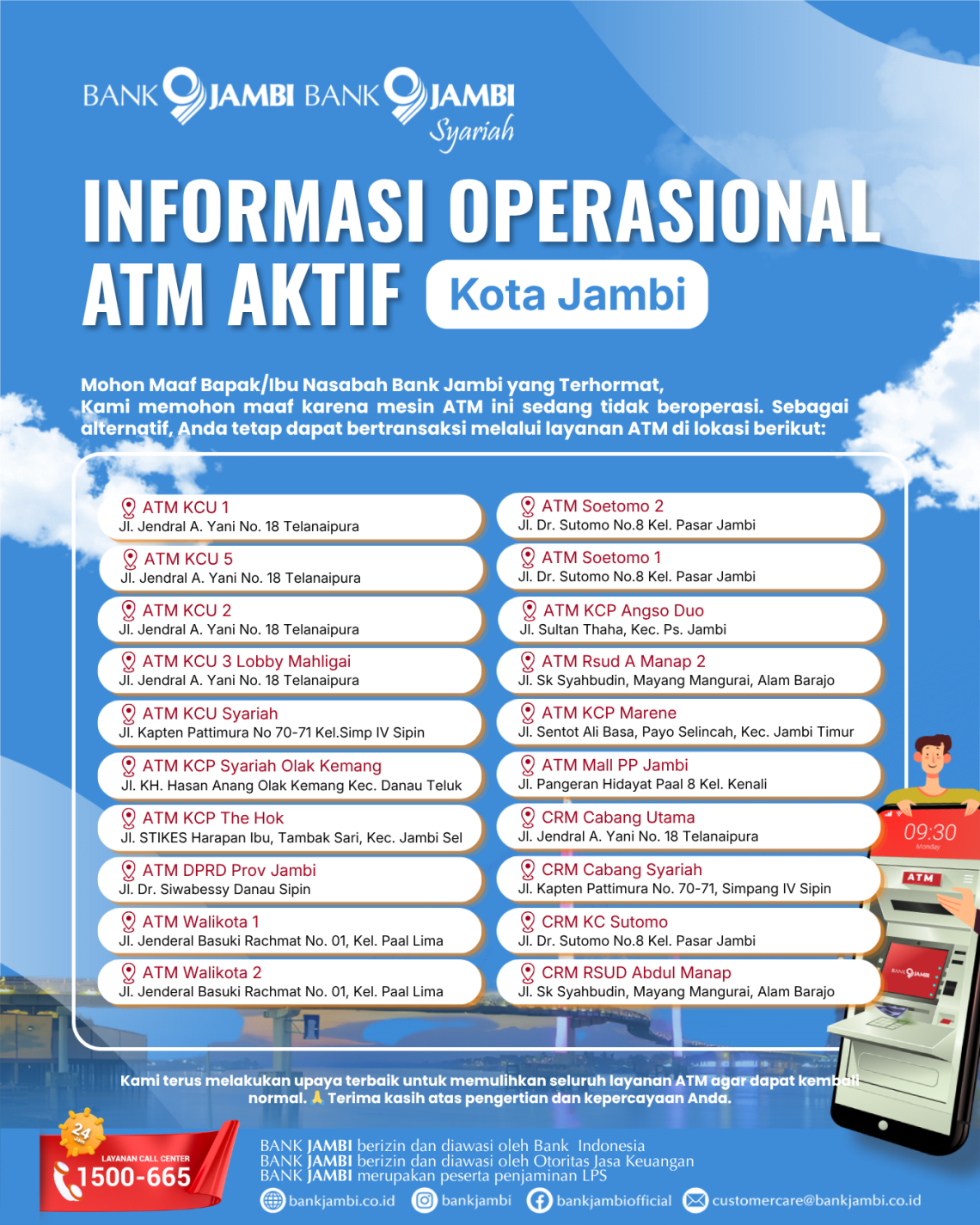 Pemberitahuan ATM aktif di Kota Jambi. (Dok: Bank Jambi)