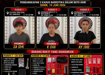Tiga tersangka kasus peredaran narkotika jenis sabu diamankan Satresnarkoba Polres Muaro Jambi beserta sejumlah barang bukti hasil pengungkapan di Kecamatan Taman Rajo dan Sungai Gelam. (Dok: Humas Polres Muaro Jambi)