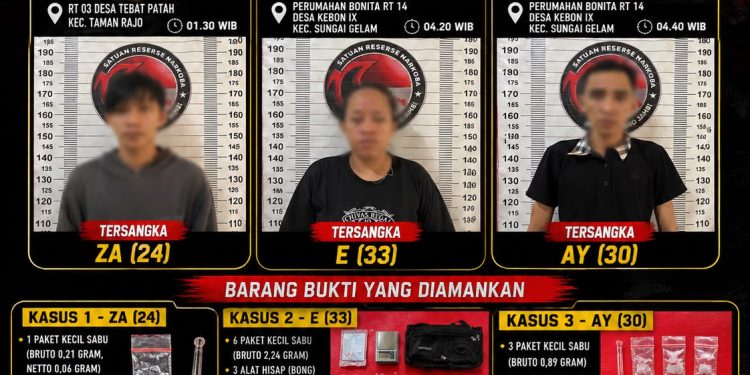 Tiga tersangka kasus peredaran narkotika jenis sabu diamankan Satresnarkoba Polres Muaro Jambi beserta sejumlah barang bukti hasil pengungkapan di Kecamatan Taman Rajo dan Sungai Gelam. (Dok: Humas Polres Muaro Jambi)