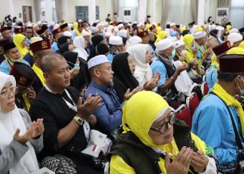 Kedatangan jemaah haji Kloter BTH 13 saat tiba di Asrama Haji Antara Jambi. (Dok: Rudi),