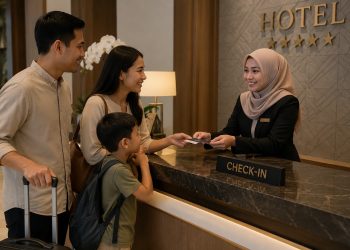 ILUSTRASI Tamu hotel melakukan check in pada salah satu hotel berbintang. (Dok: GeminiAI)
