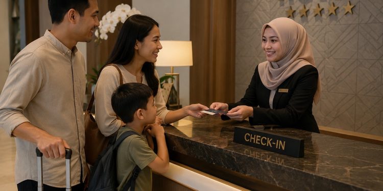 ILUSTRASI Tamu hotel melakukan check in pada salah satu hotel berbintang. (Dok: GeminiAI)
