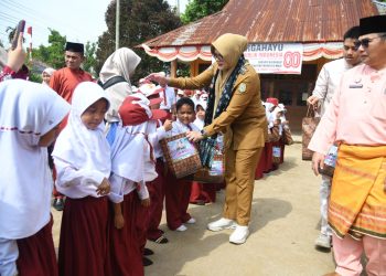 Bupati Tanjabtim Dillah Hikmah Sari saat menyerahkan simbolis seragam sekolah gratis beberapa waktu lalu. (Dok: Rahmat)