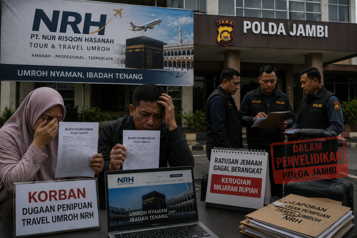 Ilustrasi foto kasus dugaan penipuan travel Umrah PT NRH yang diselidiki Polda Jambi. (Dok: Chat GPT)