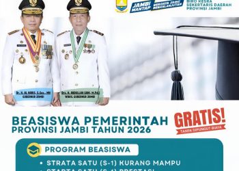 Pemerintah Provinsi Jambi resmi membuka pendaftaran Program Beasiswa Tahun 2026 bagi mahasiswa S1 mulai 2 hingga 11 Juni 2026. (Dok: Redaksi)