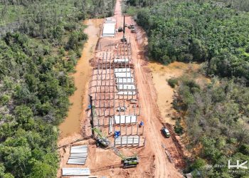 Pembangunan rest area tipe A di ruas Tol Betung–Jambi 1A yang tengah dikerjakan HKI, dilengkapi fasilitas lengkap dan ruang UMKM untuk mendukung kenyamanan pengguna jalan tol. (Dok: HKI)